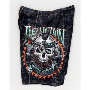 Affliction Board Shorts Size 38 Faded Black Skull Tomahawk Indian Swim Trunks